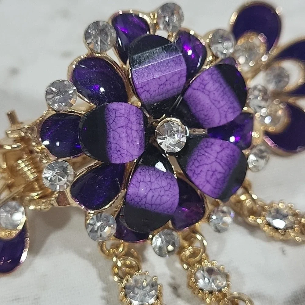 Jeweled Hair Clip‎ Purple 3D Floral Rhinestone Crab Pony Tail Bun Barrette
